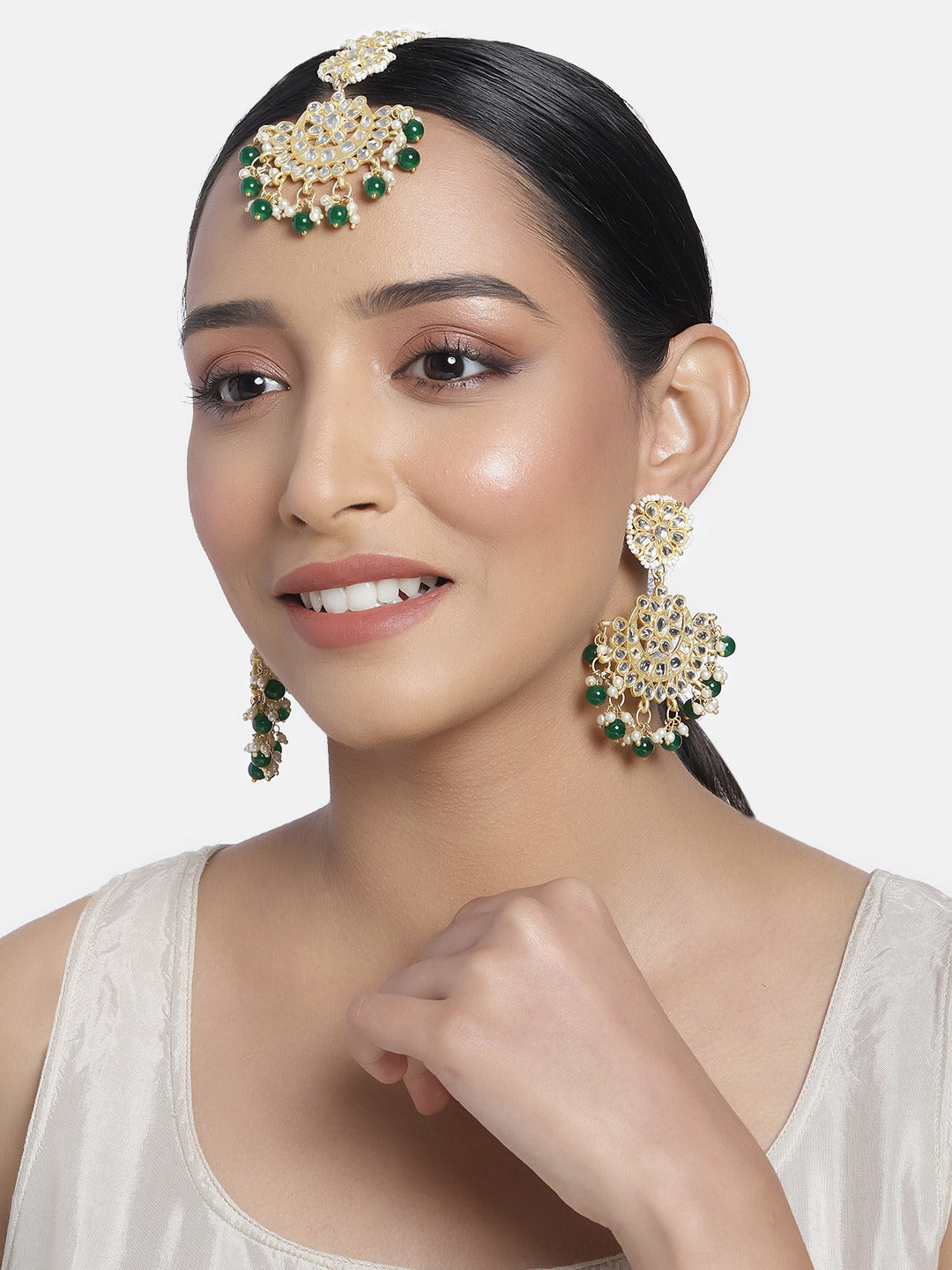 Women's Traditional Gold Plated Chandbali Kundan & Pearl Earring Set with Maang Tikka