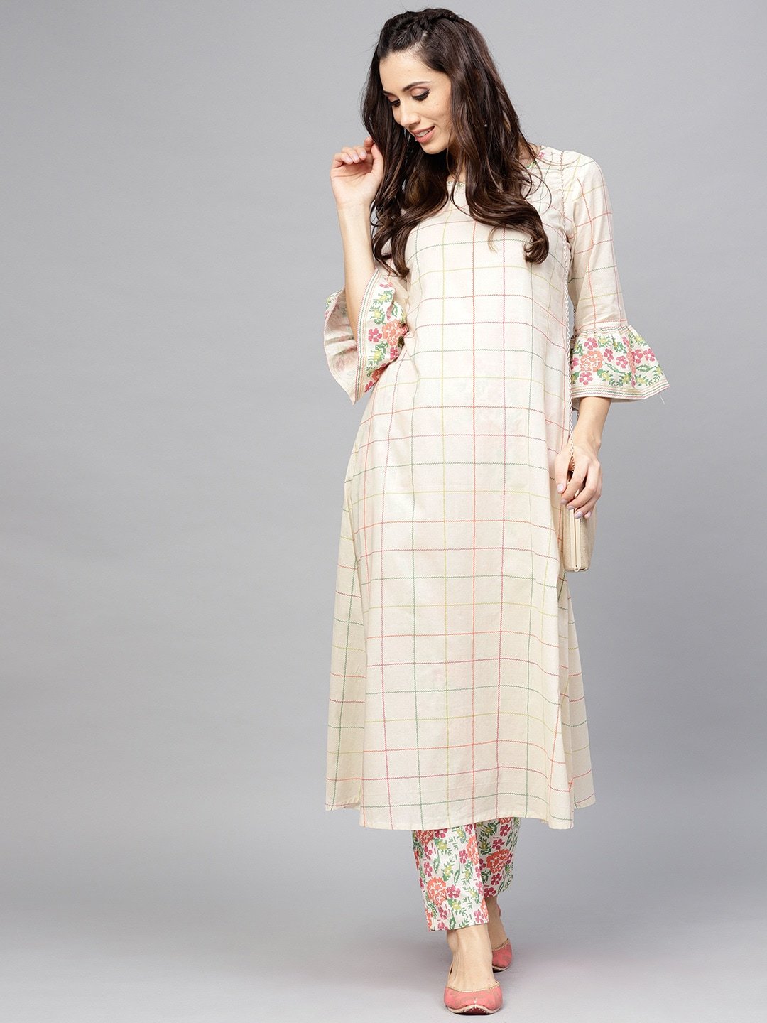 Women's  Off-White Checked A-Line Kurta -