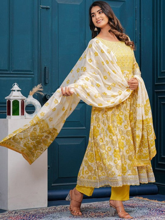Women's Floral Embroidered Regular Cotton Kurta with Trousers & With Dupatta