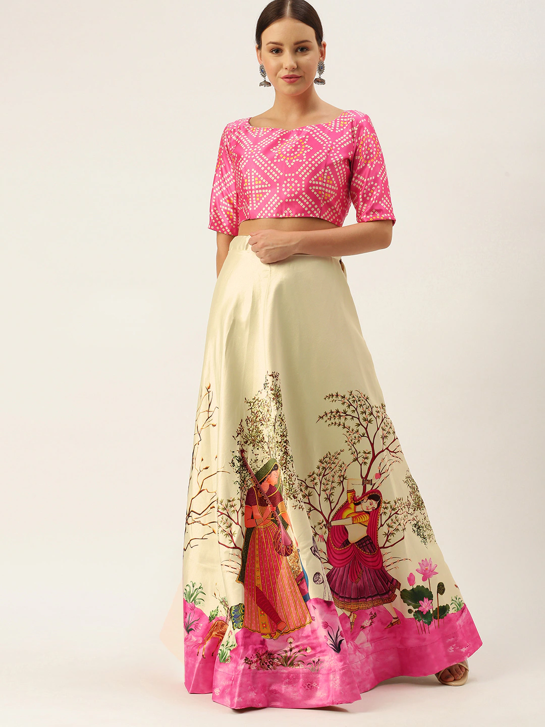 Women's Ethnic Motifs Digital Print Shiney Satin Croptop Lehenga Choli With Unstitched Blouse