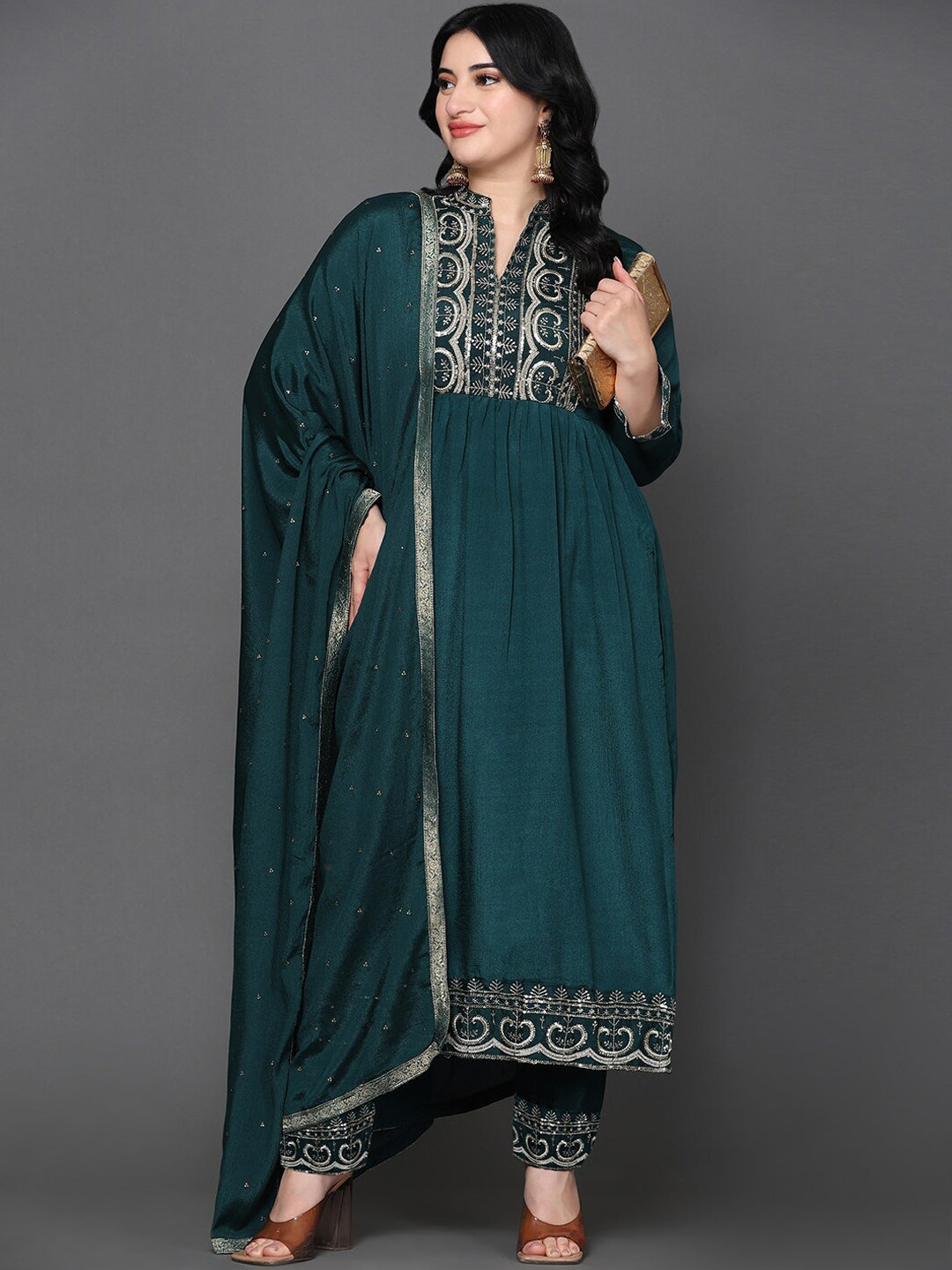 Women's Ethnic Motifs Embroidered Pure Silk Kurta With Trousers & With Dupatta - Noz2Toz USA