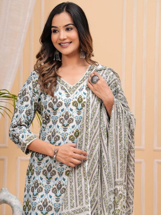 Women's Floral Printed Regular Cotton Straight Kurta with Palazzos & With Dupatta