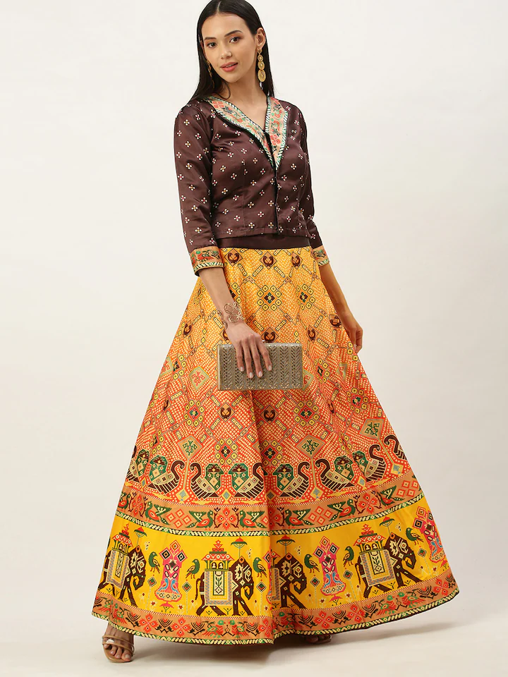 Women's Bandhni Patola Type Digital Print Shiney Satin Croptop Lehenga Choli With Unstitched Blouse
