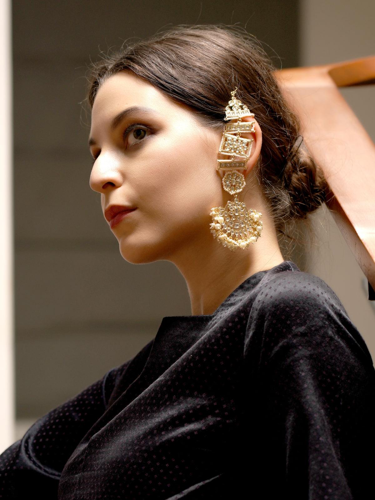 Women's Always Golden And Sparkling Dangle With Kundan And Pearl Earring