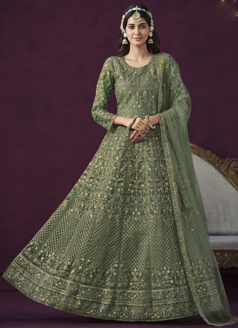 Women's Green Net Resham_Embroidery - Vegaa Fashions