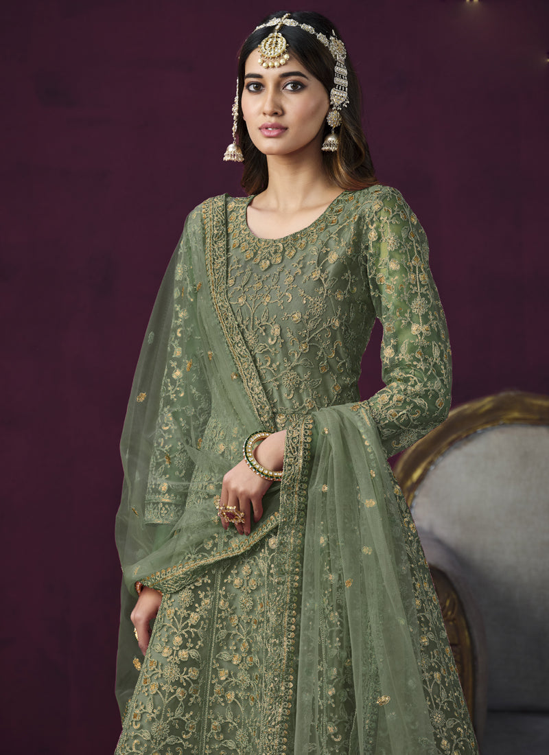 Women's Green Net Resham_Embroidery - Vegaa Fashions