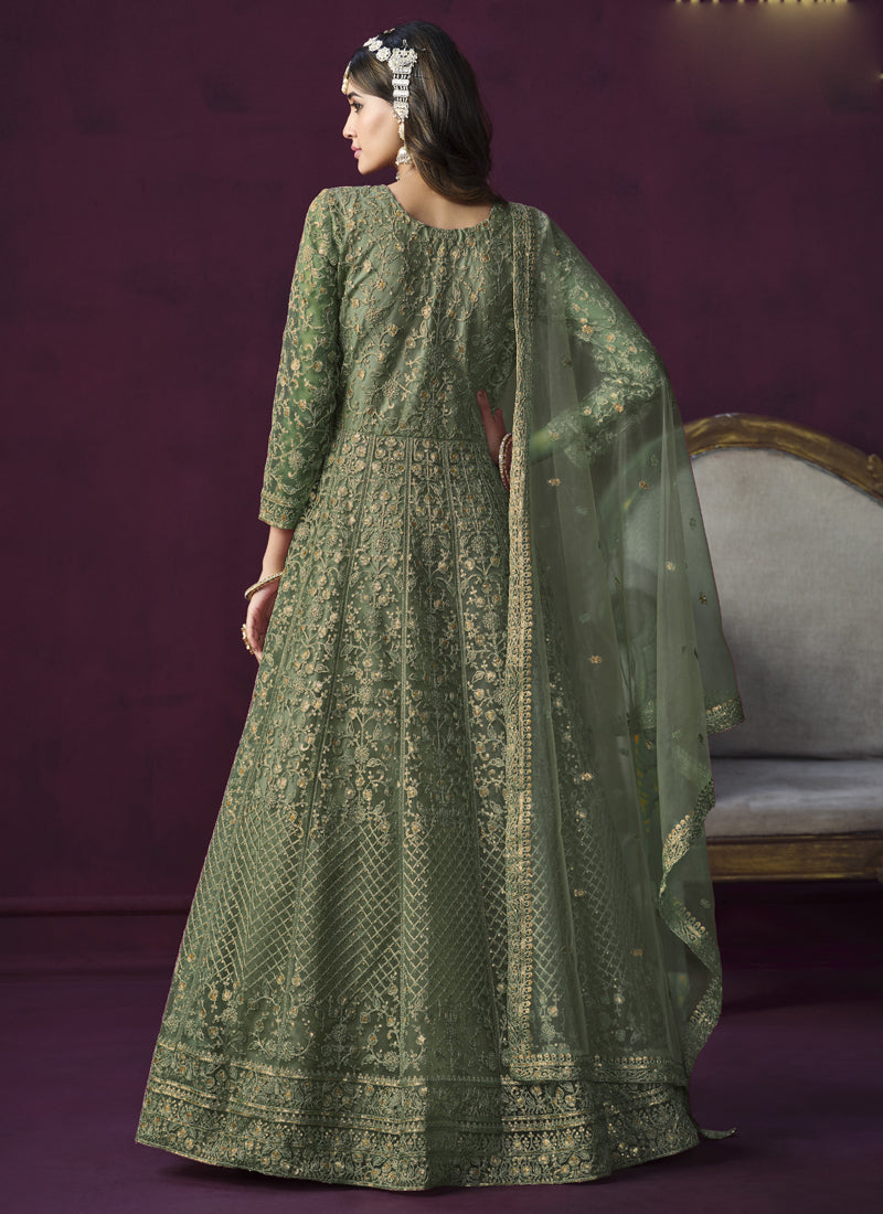 Women's Green Net Resham_Embroidery - Vegaa Fashions