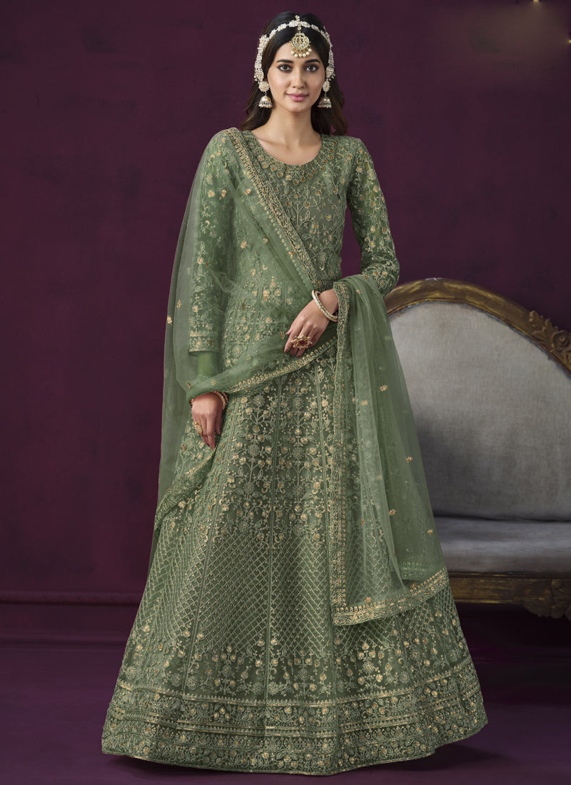 Women's Green Net Resham_Embroidery - Vegaa Fashions