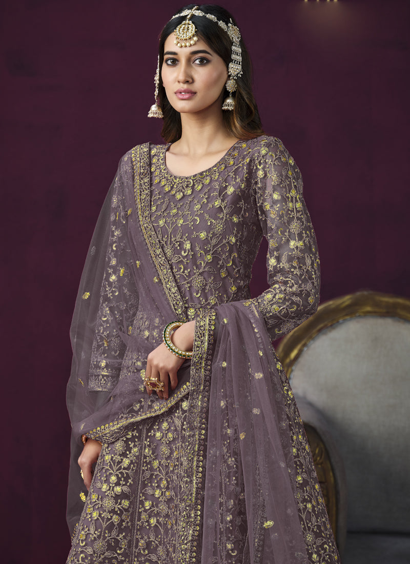 Women's Purple Net Resham_Embroidery - Vegaa Fashions