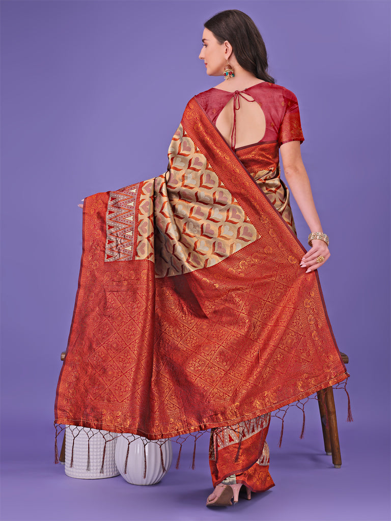 Asblo Women's Cream Silk Blend Woven Saree – Trendia