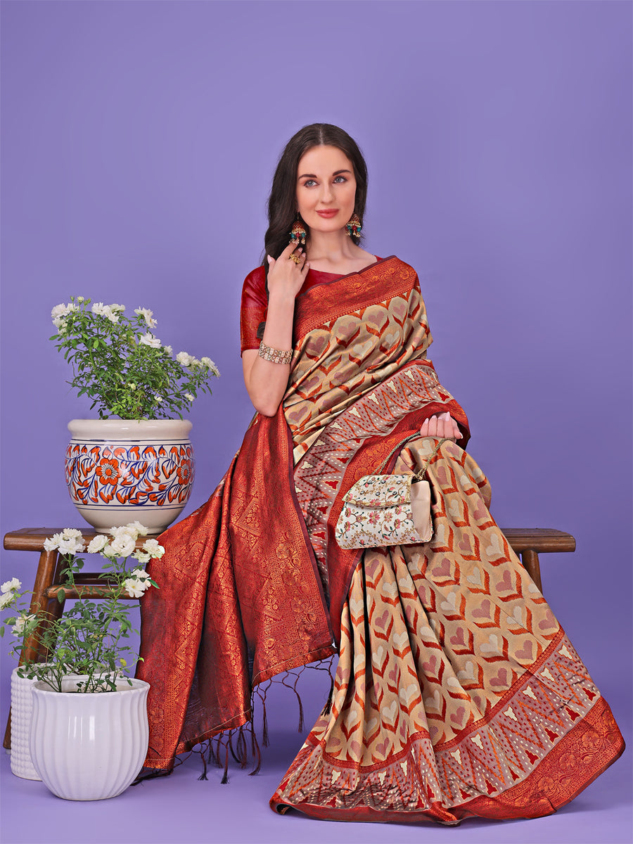 Asblo Women's Cream Silk Blend Woven Saree – Trendia