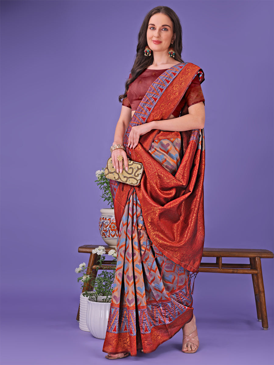 Asblo Women's Grey Silk Blend Woven Saree – Trendia