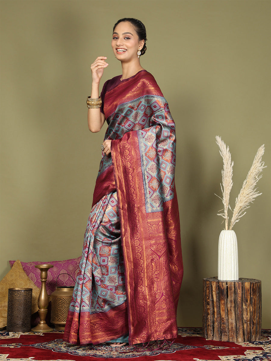 Asblo Women's Teal Silk Blend Woven Saree – Trendia