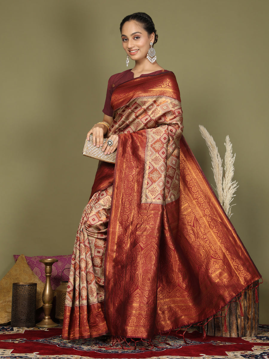 Women's Cream Silk Blend Woven Saree – Trendia