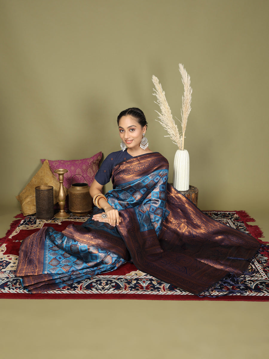 Asblo Women's Sky Blue Silk Blend Woven Saree – Trendia