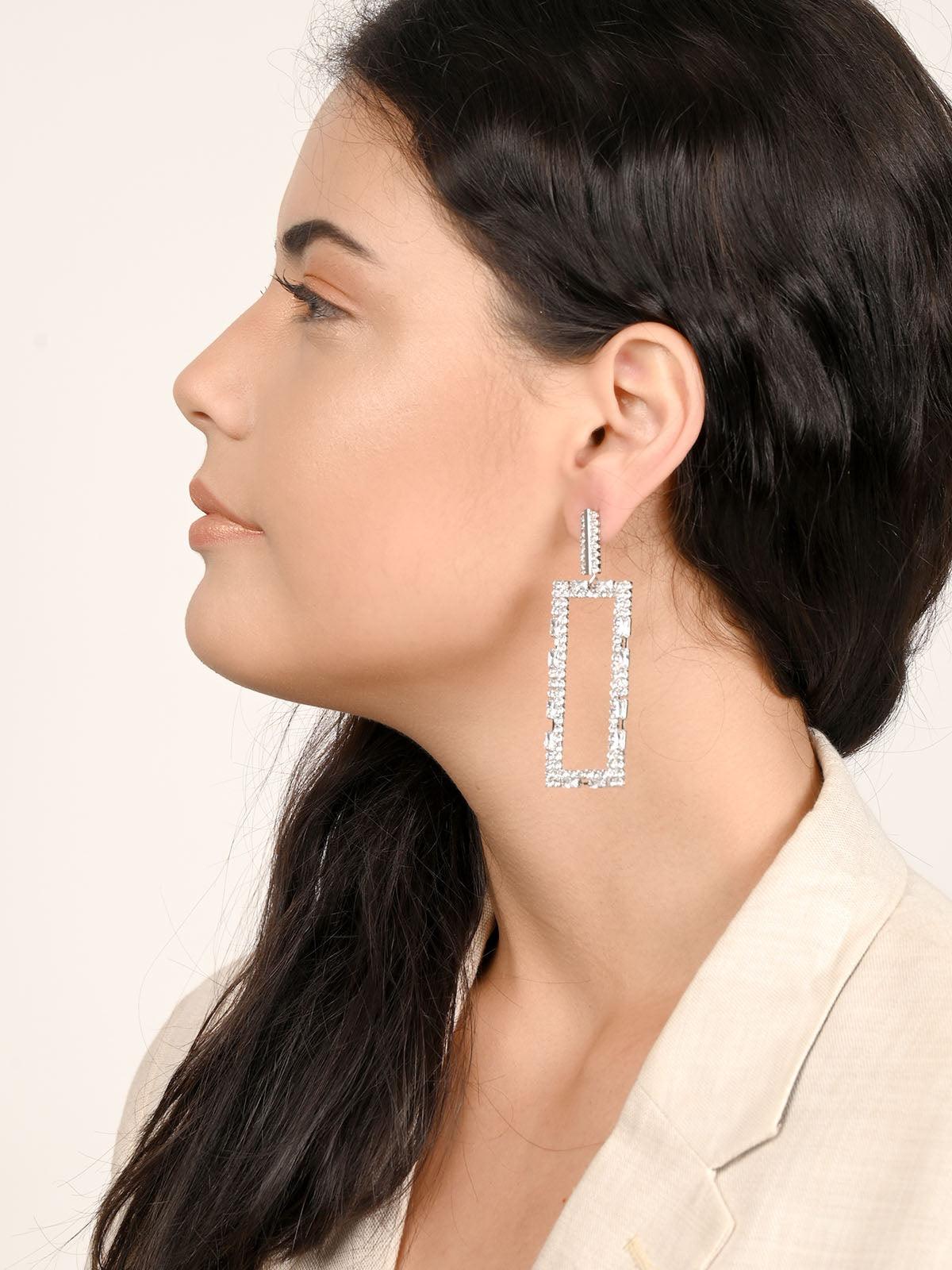Women's Avyayas Rectangular White Rhinestone Earring