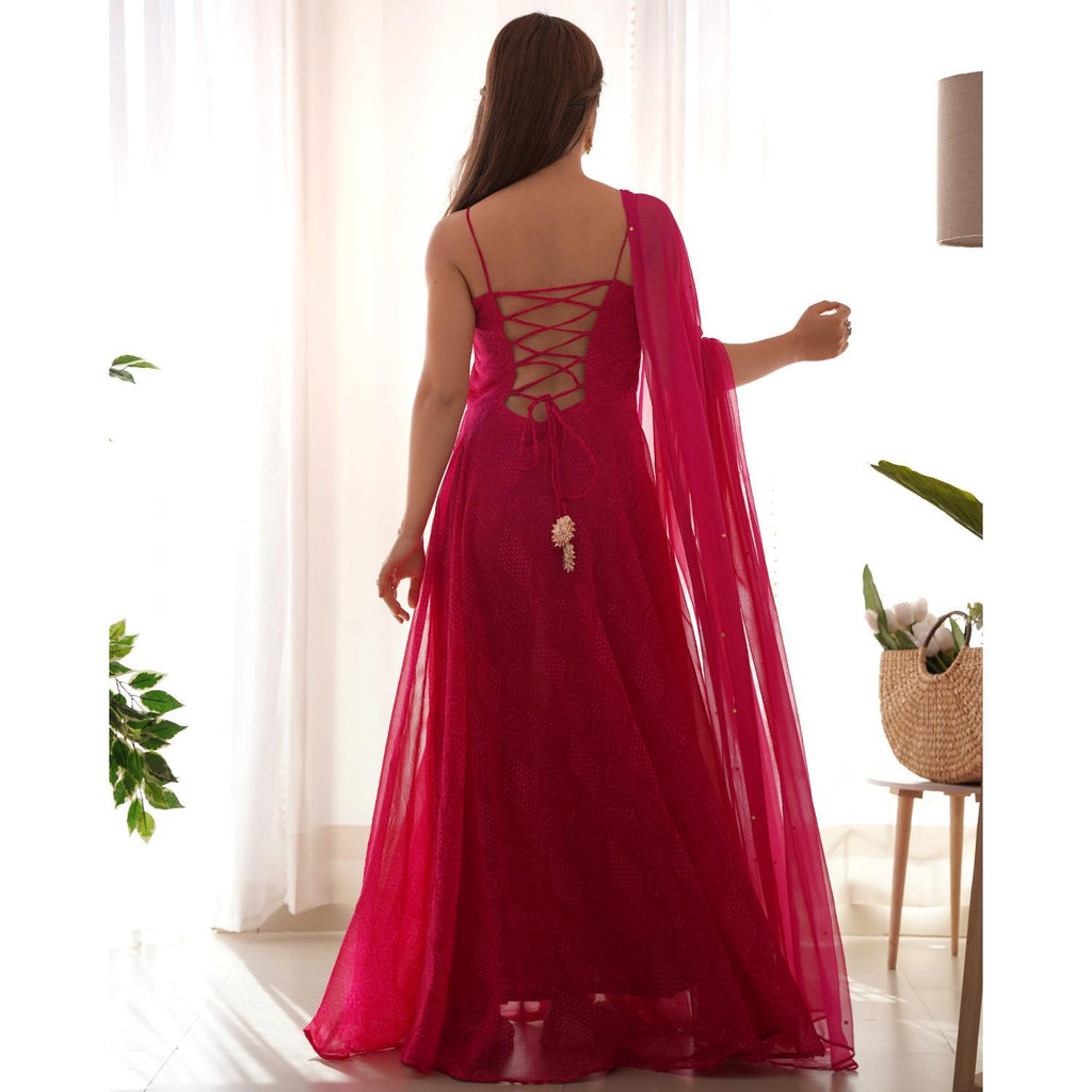 Women's Magenta Bandhani Anarkali Kurta With Dupatta