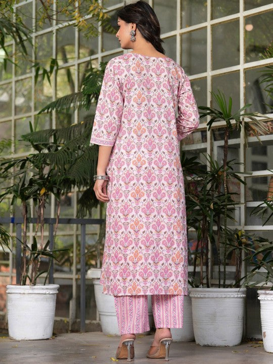 Women's Ethnic Motifs Printed Pure Cotton Straight Kurta with Palazzos & With Dupatta - Taantav