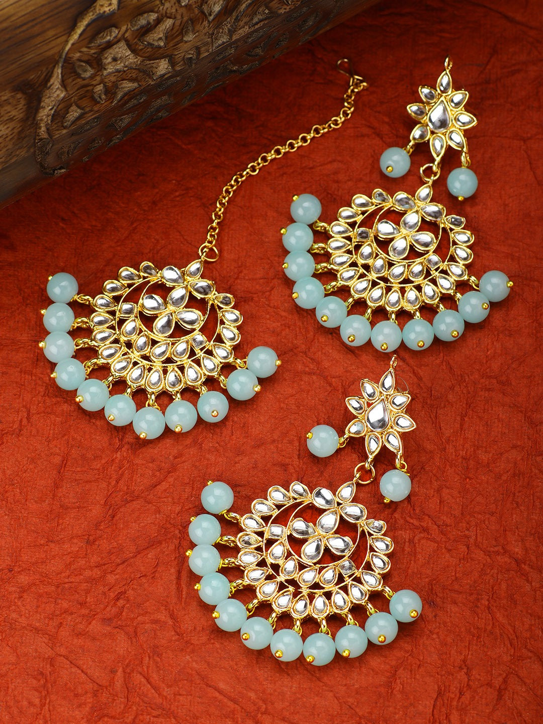 Women's Traditional Gold Plated Chandbali Kundan & Pearl Earring Set with Maang Tikka