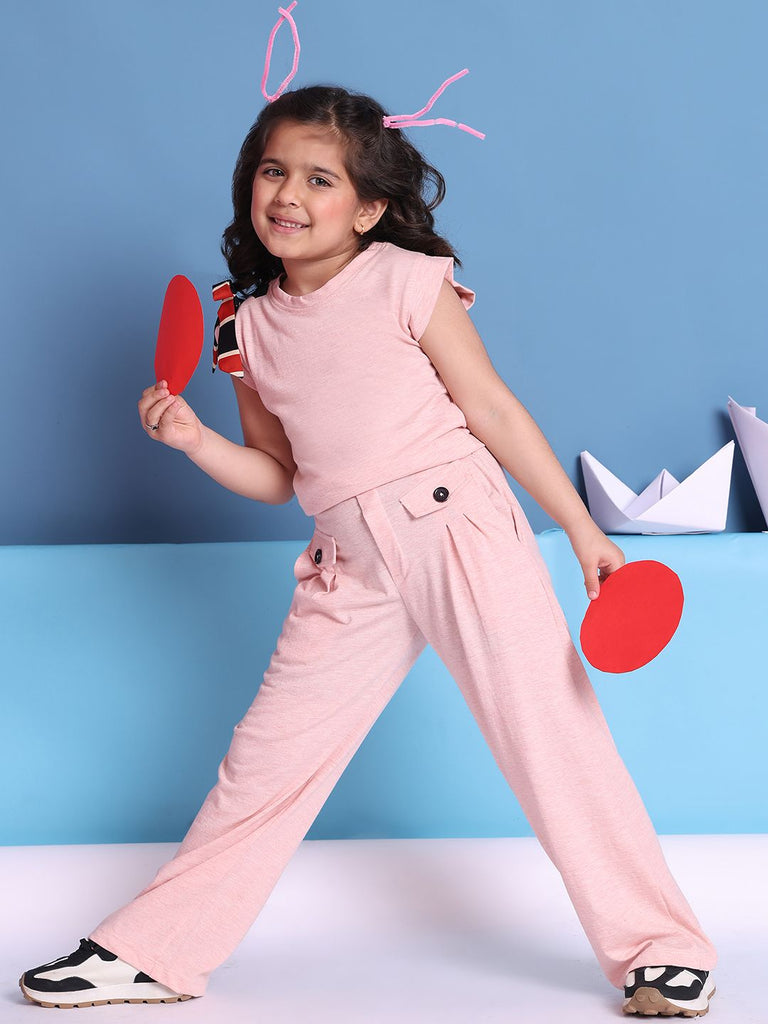 Girl's Pink Cotton Blend Solid Co-Ord Set