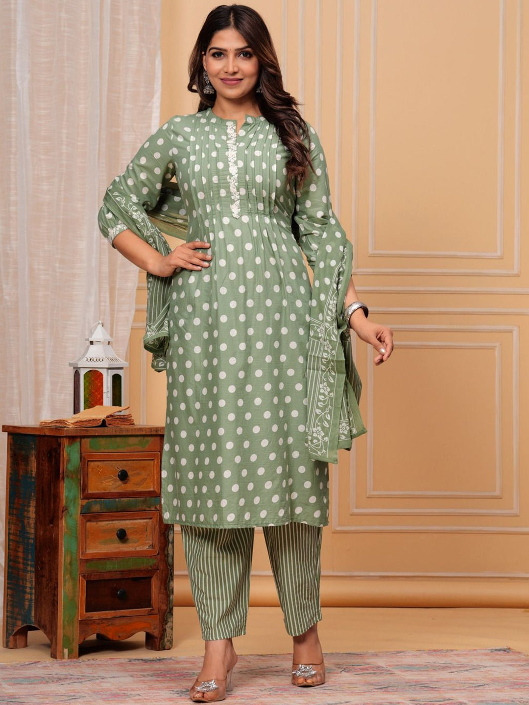 Women's Geometric Printed Thread Work Regular Pure Cotton Kurta with Palazzos & Dupatta - Taantav