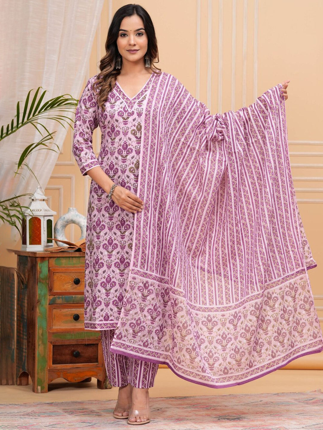 Women's Floral Printed Regular Pure Cotton Straight Kurta with Palazzos & With Dupatta - Taantav