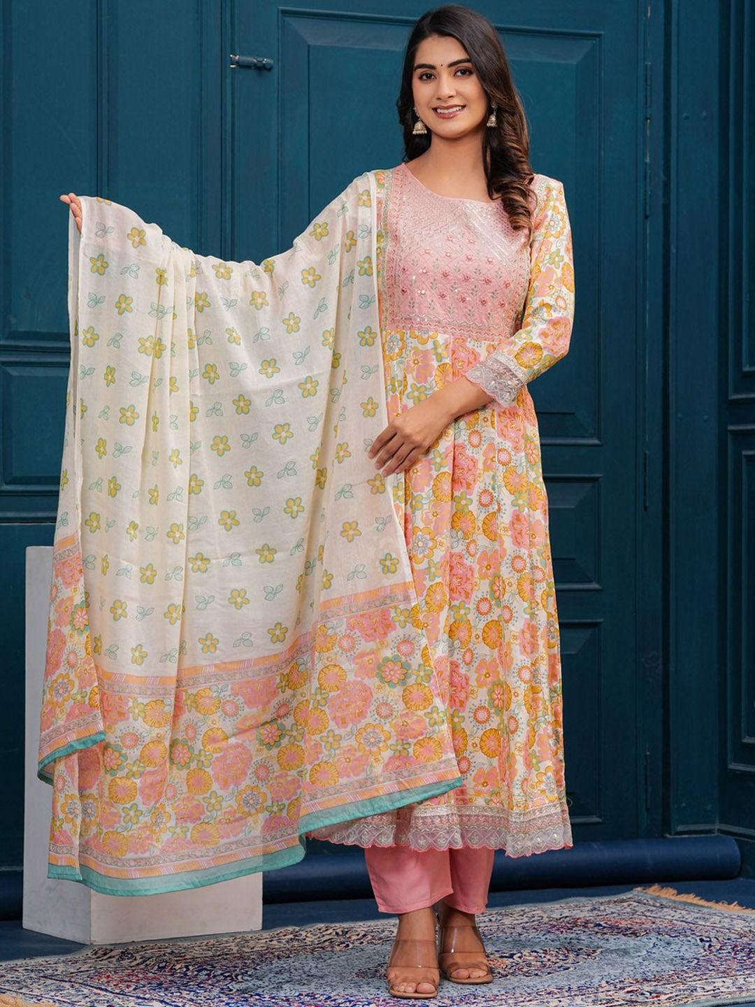 Women's Floral Embroidered Regular Kurta with Palazzos & With Dupatta - Taantav