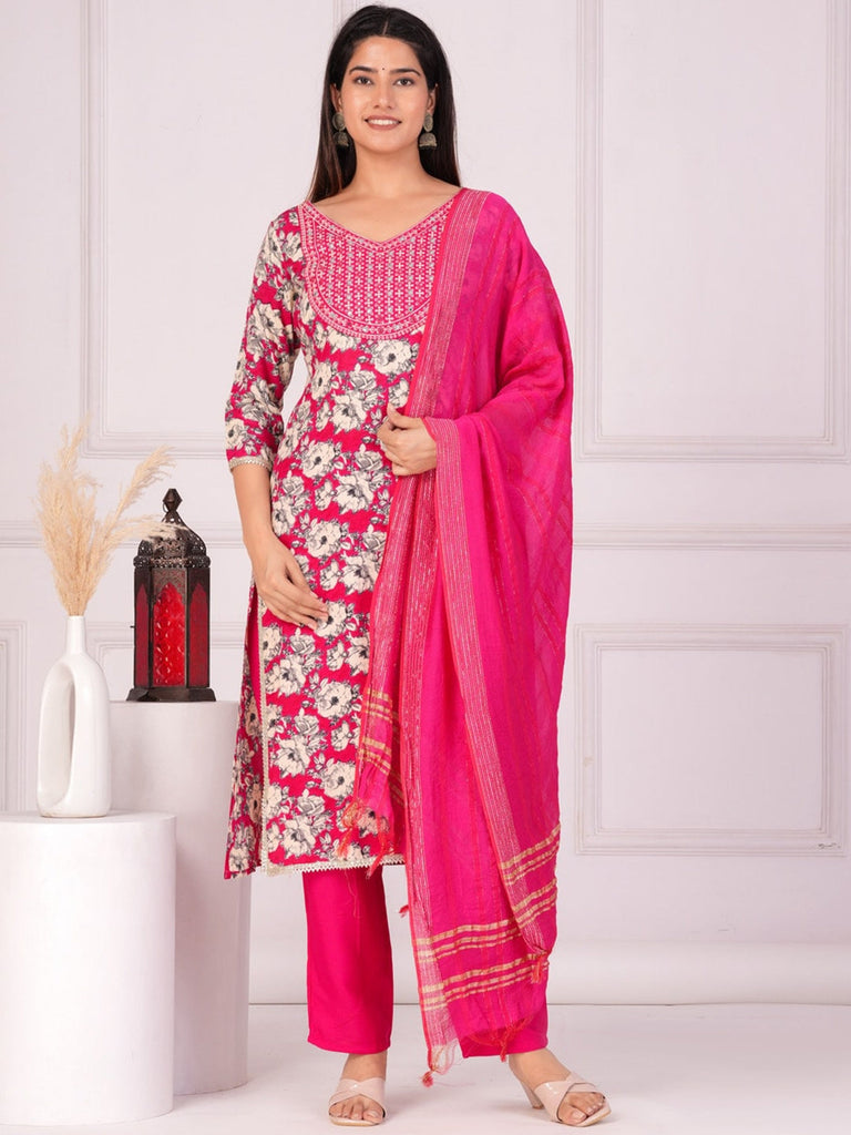 Women's Floral Printed Regular Straight Kurta & Palazzos With Dupatta