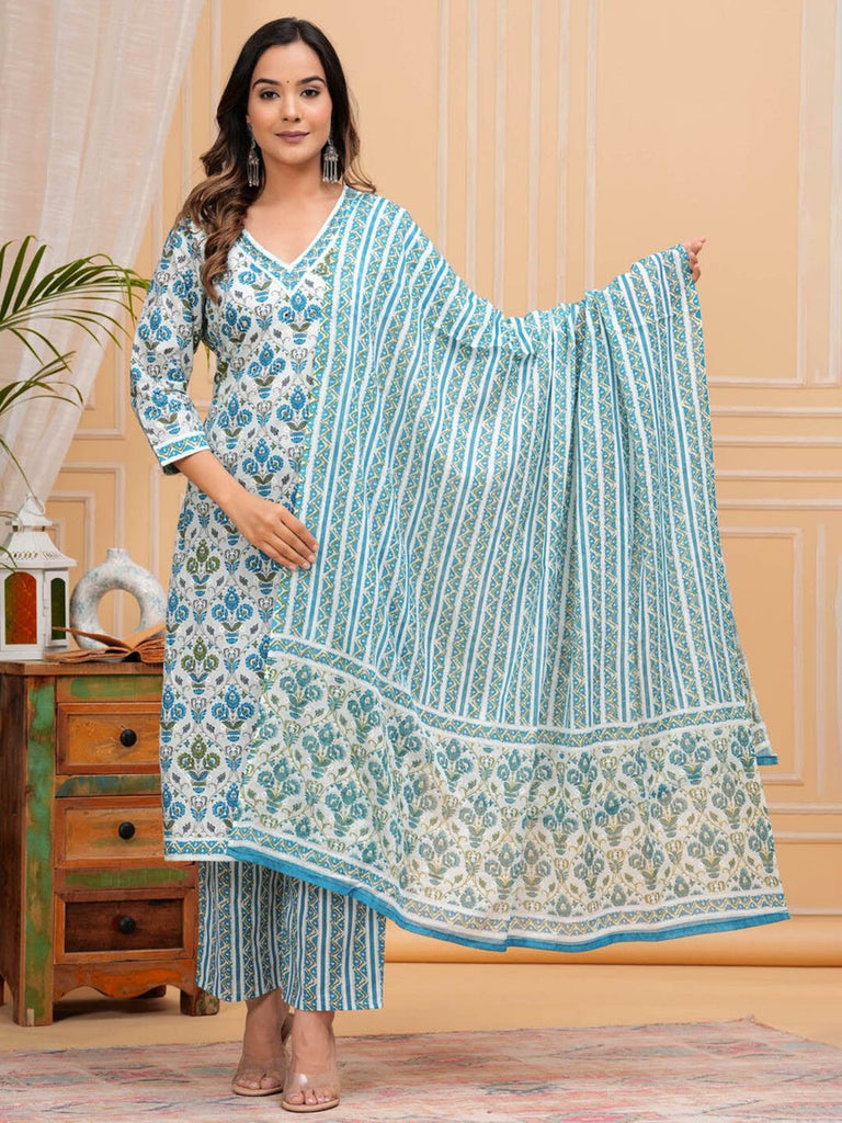 Women's Floral Printed Regular Cotton Straight Kurta with Trousers & With Dupatta
