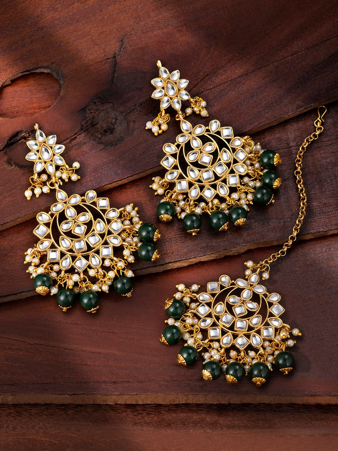 Women's Traditional Gold Plated Chandbali Kundan & Pearl Earring Set with Maang Tikka