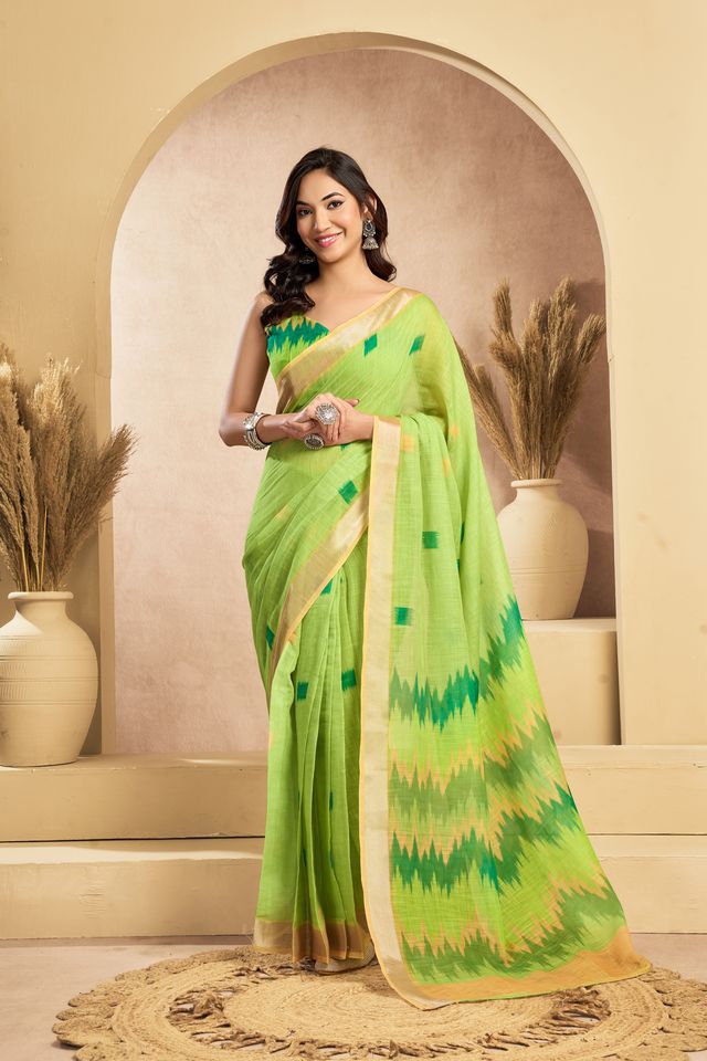 Women's Green Linen Printed Saree
