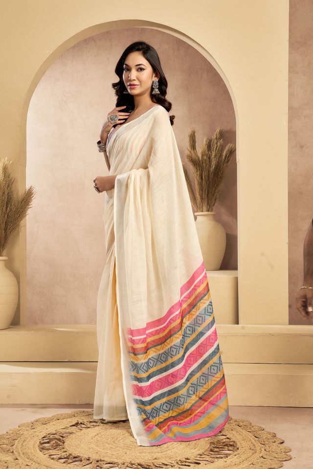 Women's Cream Linen Printed Saree
