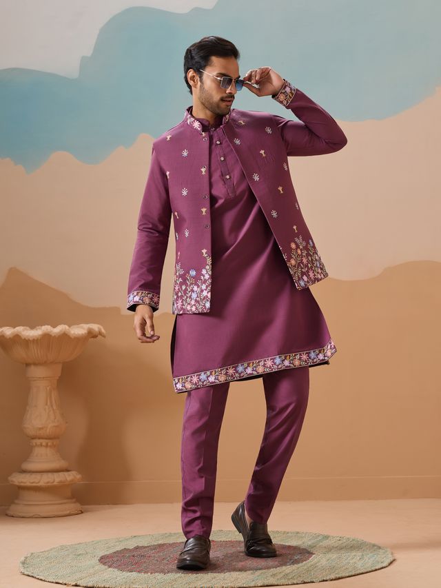 Men's Dusty Purple Viscose Silk Multi Thread With Sequence Embroidered Work Kurta Set