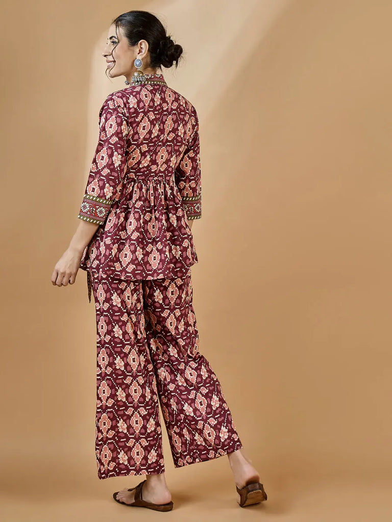 winered-women-rust-shawl-collar-waist-tie-up-co-ord-set