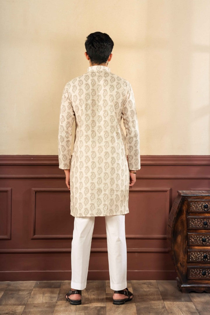 Men's Cream Linen Solid Kurta Set - Panjari Store