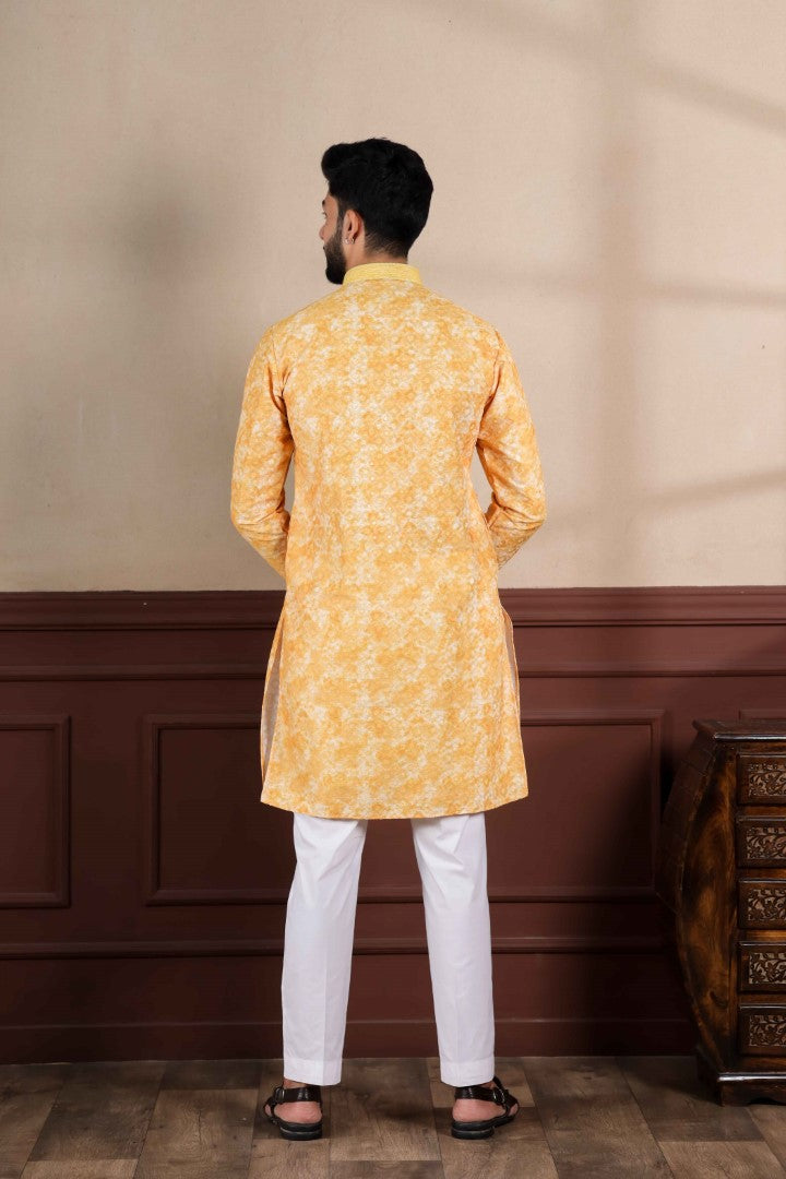 Men's Gold Cotton Blend Solid Kurta - Panjari Store