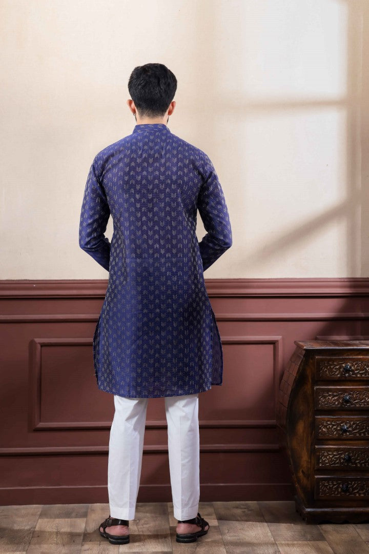 Men's Navy Cotton Solid Kurta - Panjari Store