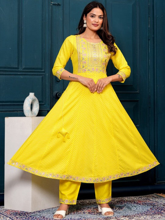 Women's Floral Yoke Design Sequined Anarkali Kurta & Palazzos With Dupatta
