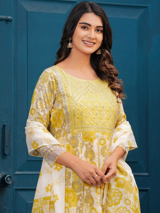 Women's Floral Embroidered Regular Cotton Kurta with Trousers & With Dupatta