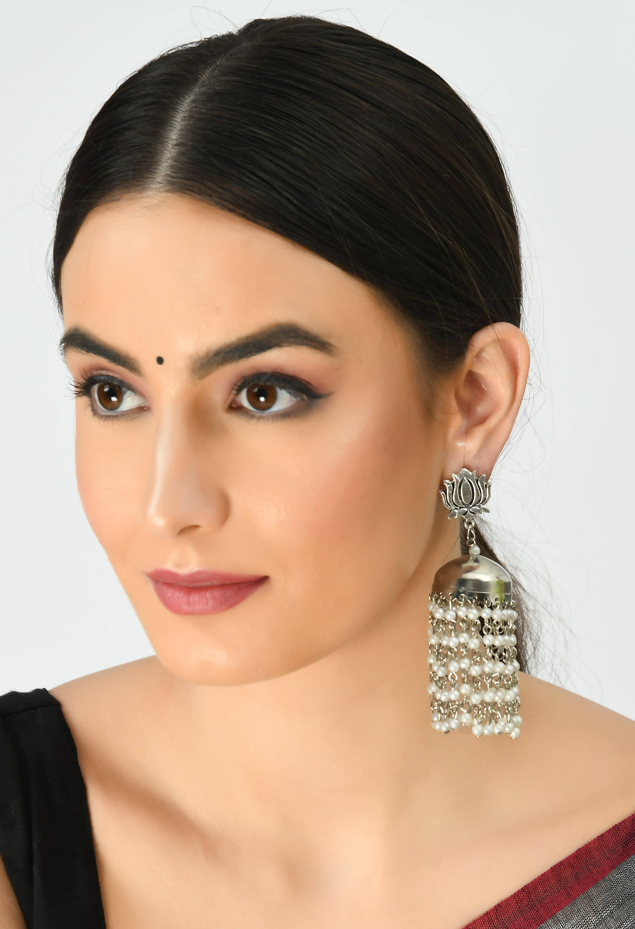 Johar Kamal Silver-Plated Lotus design Earrings with Pearls Jh