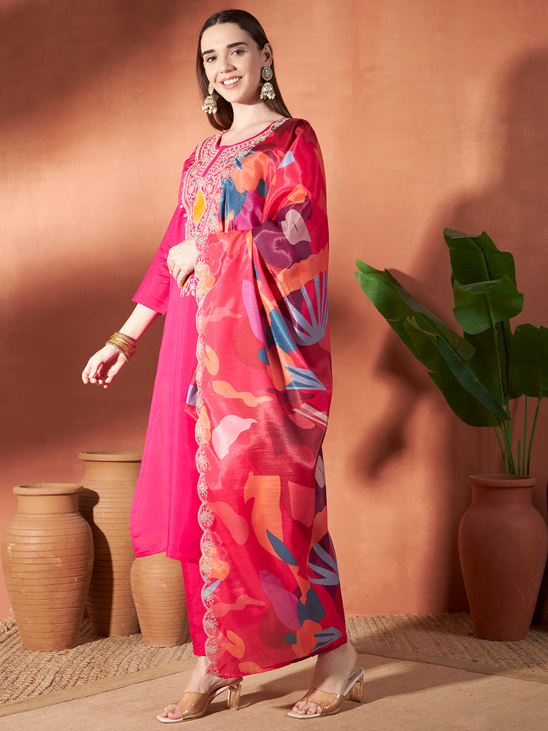 Women's Rani Roman Mall Embroidery Work Kurta Set