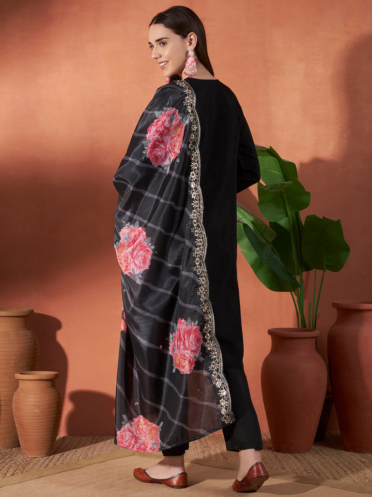 Women's Black Muslin Embroidery Work Kurta Set