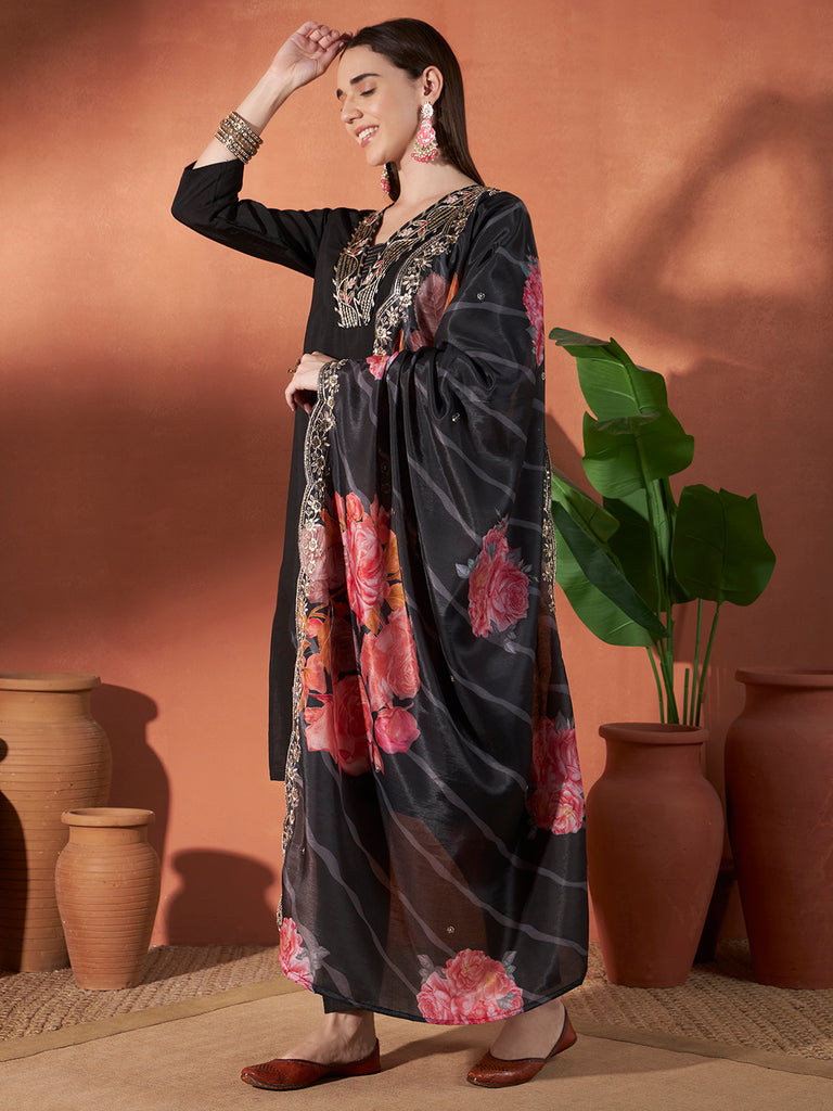 Women's Black Muslin Embroidery Work Kurta Set