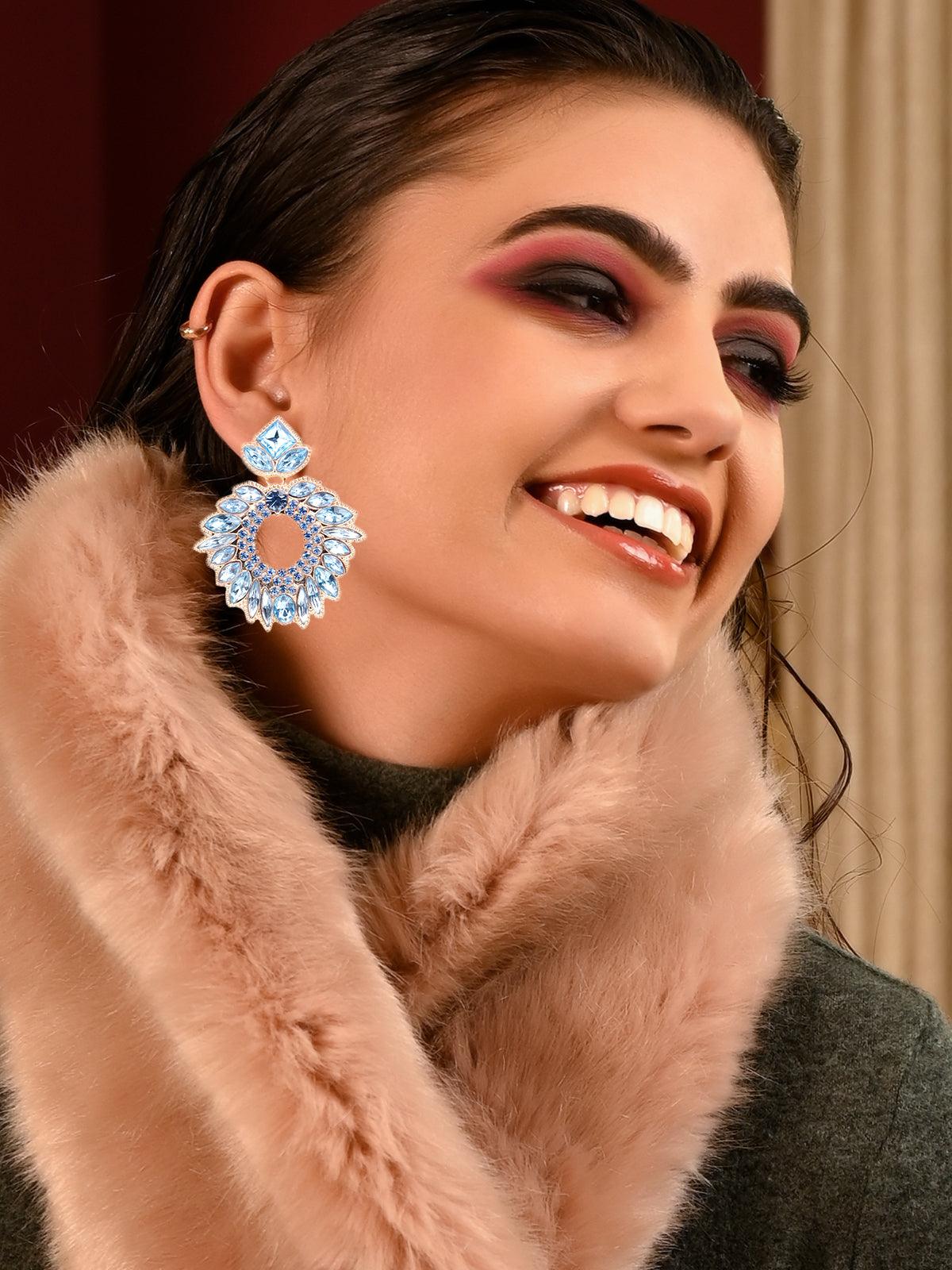 Women's Blue Textured Rounded Crystal Embellished Statement Earring
