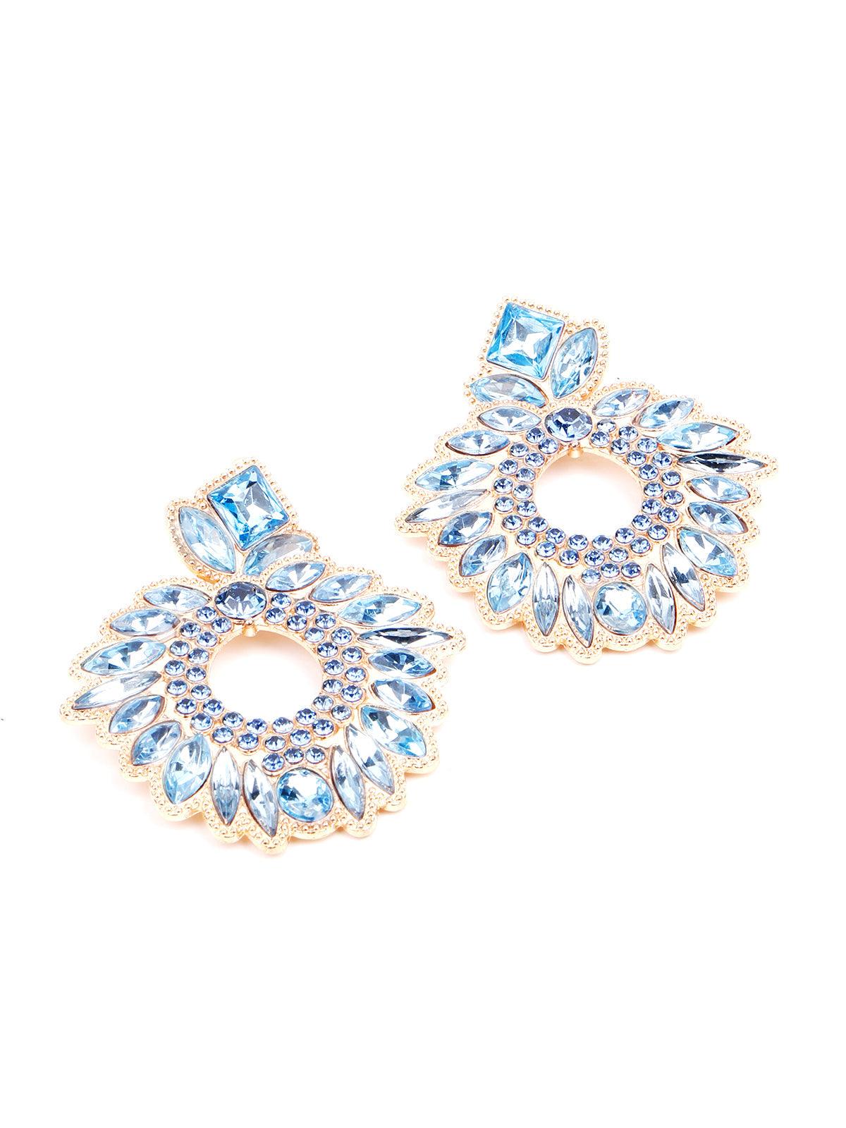 Women's Blue Textured Rounded Crystal Embellished Statement Earring