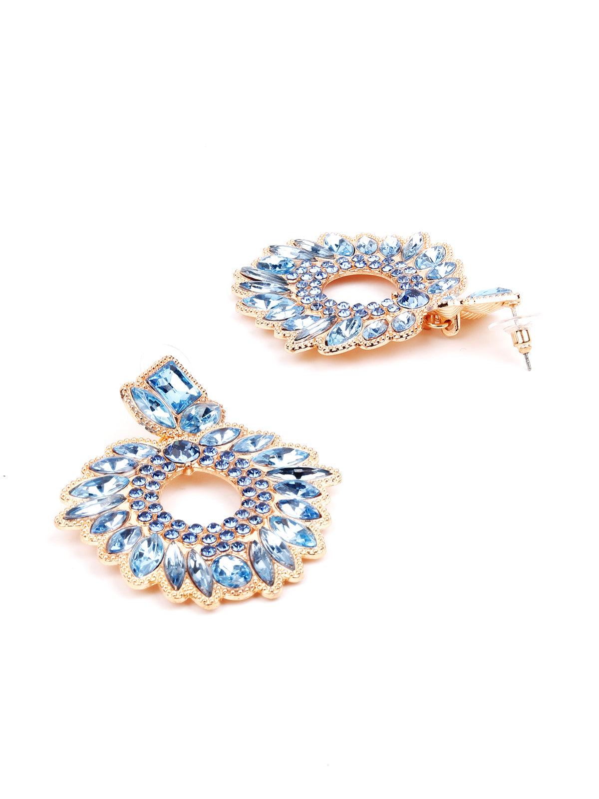Women's Blue Textured Rounded Crystal Embellished Statement Earring
