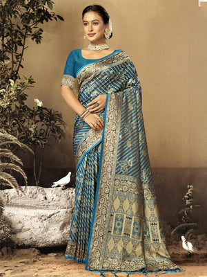 Women Blue Satin Silk Saree With Un Stitched Blouse | NOZ2TOZ - Made In INDIA.