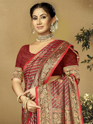 Women Red Satin Silk Saree With Un Stitched Blouse | NOZ2TOZ - Made In INDIA.