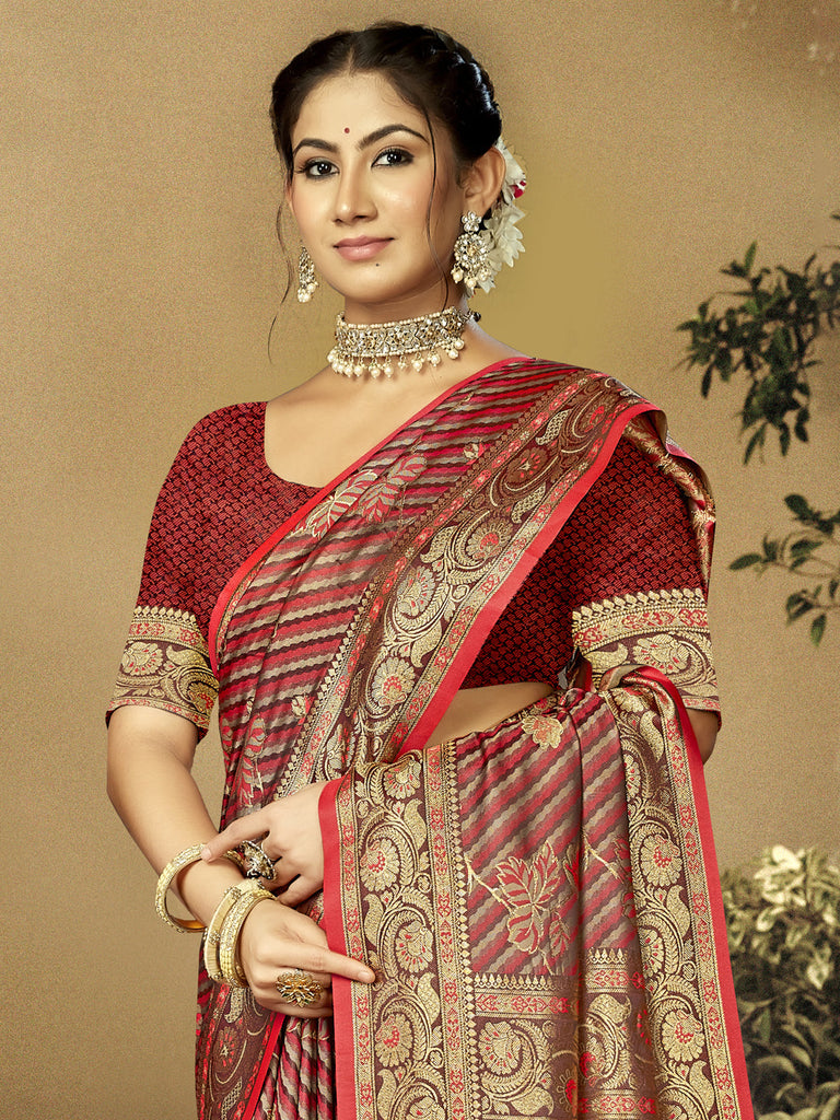 Women Red Satin Silk Saree With Un Stitched Blouse | NOZ2TOZ - Made In INDIA.