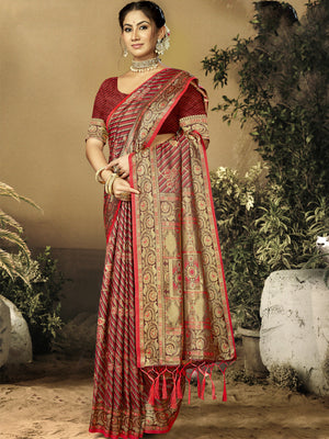 Women Red Satin Silk Saree With Un Stitched Blouse | NOZ2TOZ - Made In INDIA.
